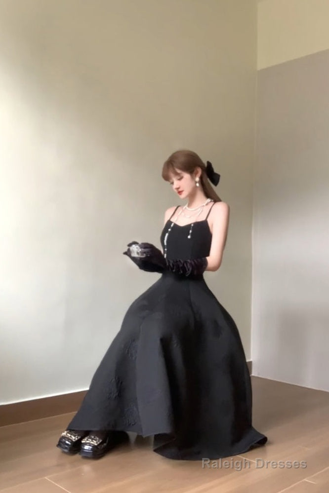 Sexy A Line Spaghetti Straps Black Satin WomenS Beach Dress Vacation Dresses Birthday Dress