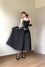 Sexy A Line Spaghetti Straps Black Satin WomenS Beach Dress Vacation Dresses Birthday Dress