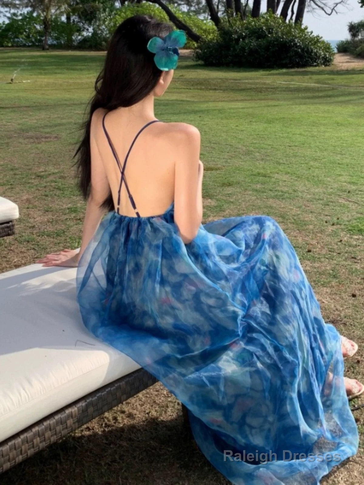 Sexy A Line Spaghetti Straps Blue Floral Backless Holiday Beach Dress WomenS Long Vacation Dresses Main image
