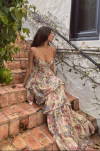 A-Line Spaghetti Straps Floor Length Floral Prom Dresses Chiffon Prom Dress