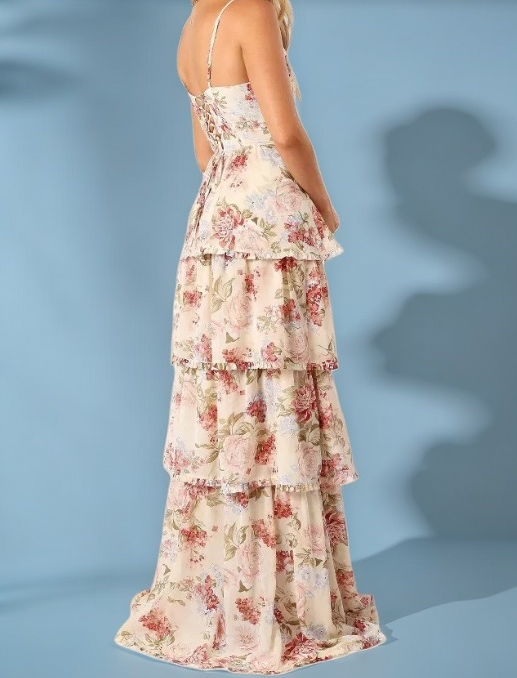 A-Line Spaghetti Straps Floor Length Floral Prom Dresses Chiffon Prom Dress