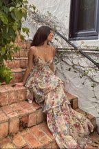 A-Line Spaghetti Straps Floor Length Floral Prom Dresses Chiffon Prom Dress
