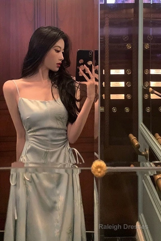 Sexy A Line Spaghetti Straps Green Floral Ruffles Prom Dresses Birthday Outfits Evening Gown