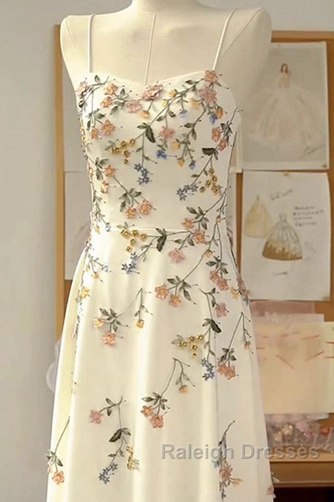 A Line Spaghetti Straps Ivory Floral Satin Prom Dress Birthday Outfits Prom Gown Secondary image