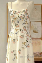 A Line Spaghetti Straps Ivory Floral Satin Prom Dress Birthday Outfits Prom Gown