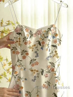 Sexy A Line Spaghetti Straps Ivory Floral Satin Prom Dresses Birthday Outfits Evening Gown