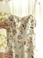 Sexy A Line Spaghetti Straps Ivory Floral Satin Prom Dresses Birthday Outfits Evening Gown