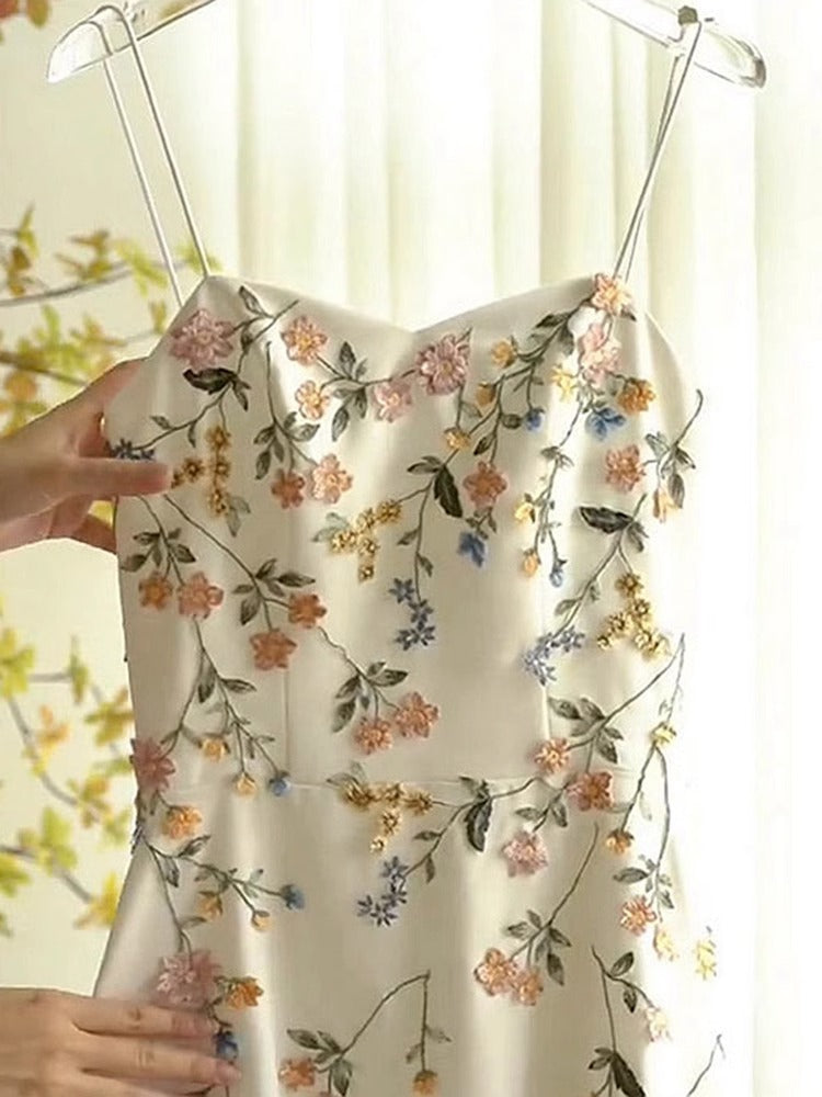 Sexy A Line Spaghetti Straps Ivory Floral Satin Prom Dresses Birthday Outfits Evening Gown