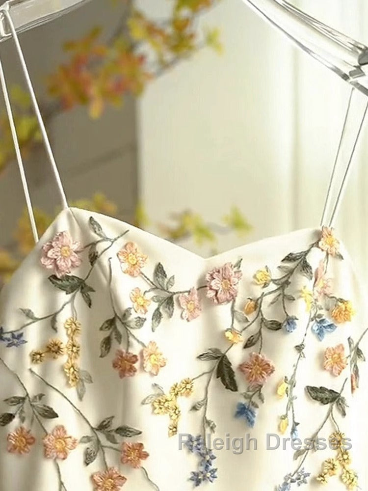 Sexy A Line Spaghetti Straps Ivory Floral Satin Prom Dresses Birthday Outfits Evening Gown