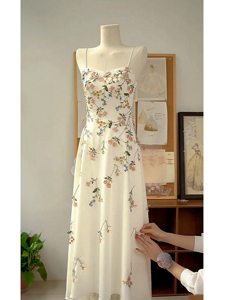 Sexy A Line Spaghetti Straps Ivory Floral Satin Prom Dresses Birthday Outfits Evening Gown Main image