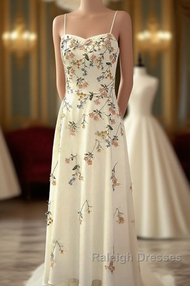 A Line Spaghetti Straps Ivory Floral Satin Prom Dress Birthday Outfits Prom Gown Main image