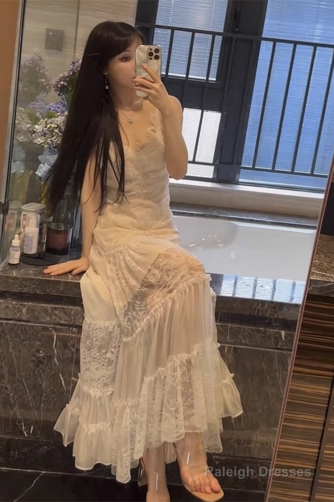 Sexy A Line Spaghetti Straps Lace White Chiffon Beach Dress WomenS Vacation Dresses Secondary image