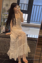 Sexy A Line Spaghetti Straps Lace White Chiffon Beach Dress WomenS Vacation Dresses