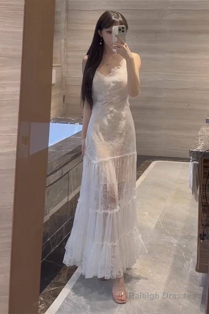 Sexy A Line Spaghetti Straps Lace White Chiffon Beach Dress WomenS Vacation Dresses