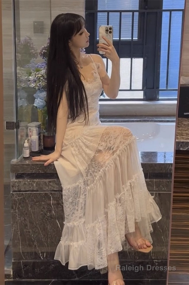 Sexy A Line Spaghetti Straps Lace White Chiffon Beach Dress WomenS Vacation Dresses