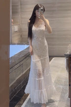 Sexy A Line Spaghetti Straps Lace White Chiffon Beach Dress WomenS Vacation Dresses