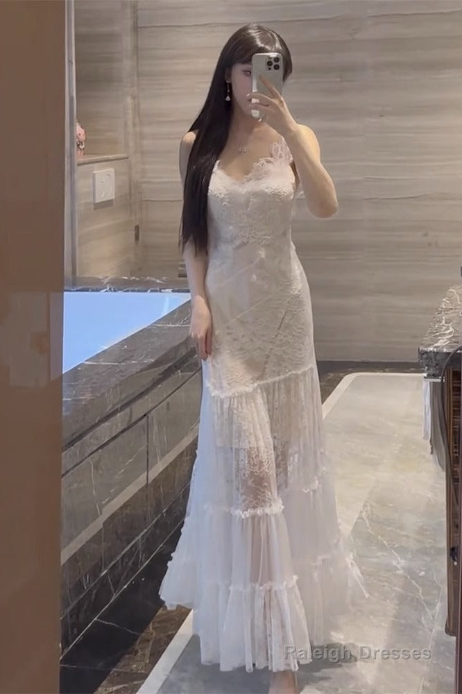 Sexy A Line Spaghetti Straps Lace White Chiffon Beach Dress WomenS Vacation Dresses