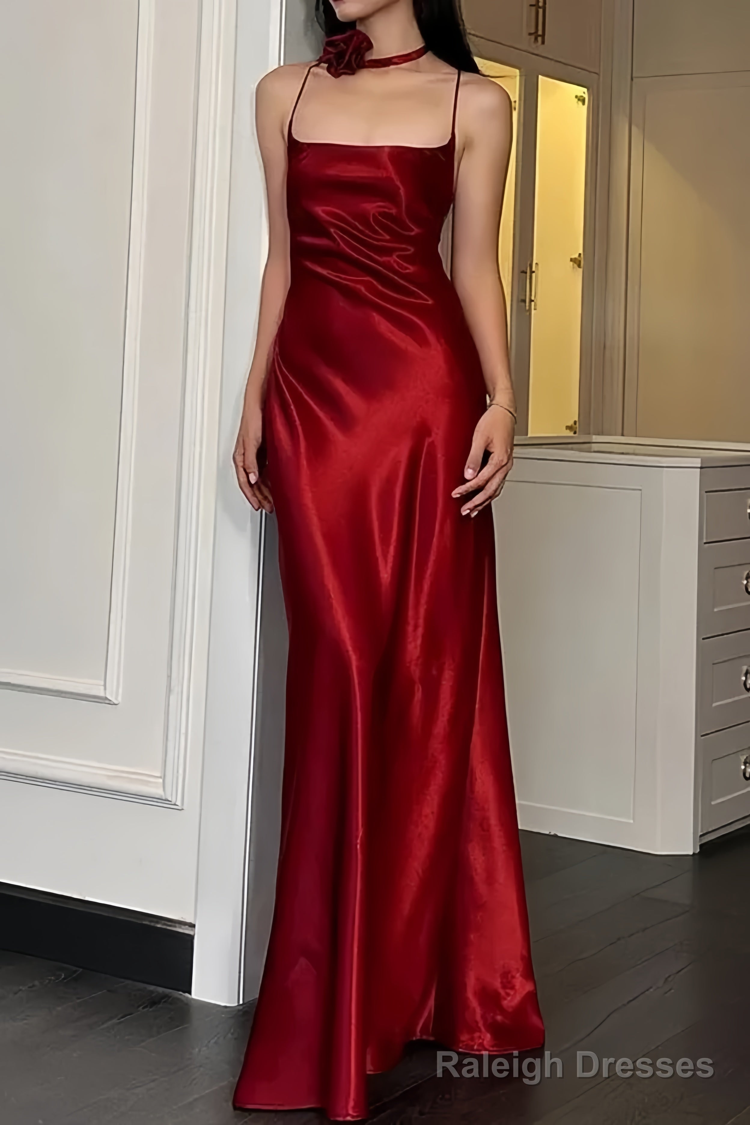 Sexy A Line Spaghetti Straps Red Floor Length Backless Prom Dresses