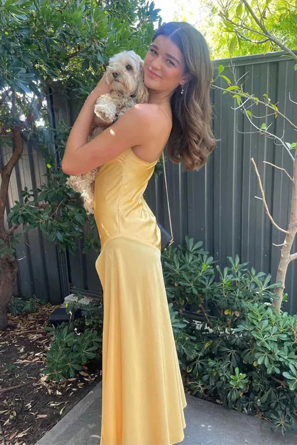 A-Line Spaghetti Straps Yellow Prom Dresses Slit Prom Dresses