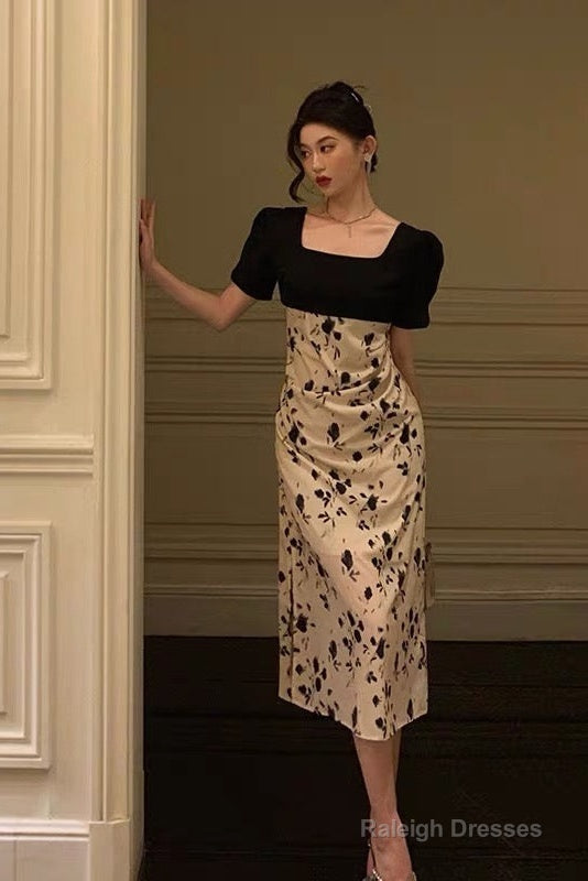 Sexy A Line Square Neckline Floral Black Prom Dresses Birthday Outfits Evening Gown