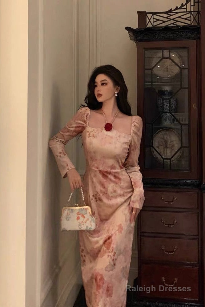 Sexy A Line Square Neckline Long Sleeves Pink Floral Prom Dresses Birthday Outfits Evening Gown Secondary image