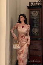 Sexy A Line Square Neckline Long Sleeves Pink Floral Prom Dresses Birthday Outfits Evening Gown