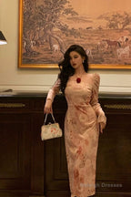 Sexy A Line Square Neckline Long Sleeves Pink Floral Prom Dresses Birthday Outfits Evening Gown