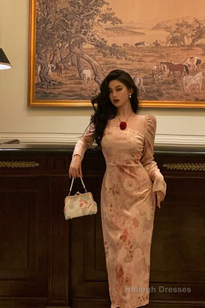 Sexy A Line Square Neckline Long Sleeves Pink Floral Prom Dresses Birthday Outfits Evening Gown