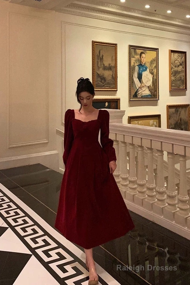 Sexy A Line Square Neckline Long Sleeves Tea Length Velvet Prom Dresses Birthday Outfits Main image