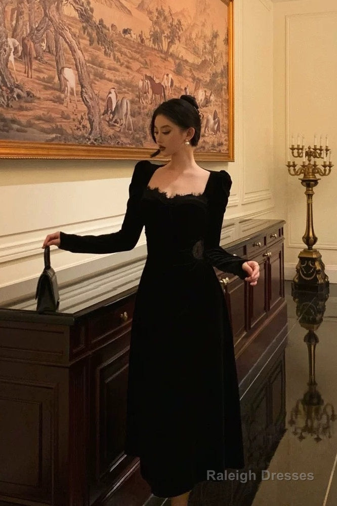Sexy A Line Square Neckline Long Sleeves Velvet Lace Date Night Dress Prom Dresses Birthday Outfits Secondary image