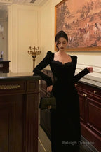 Sexy A Line Square Neckline Long Sleeves Velvet Lace Date Night Dress Prom Dresses Birthday Outfits