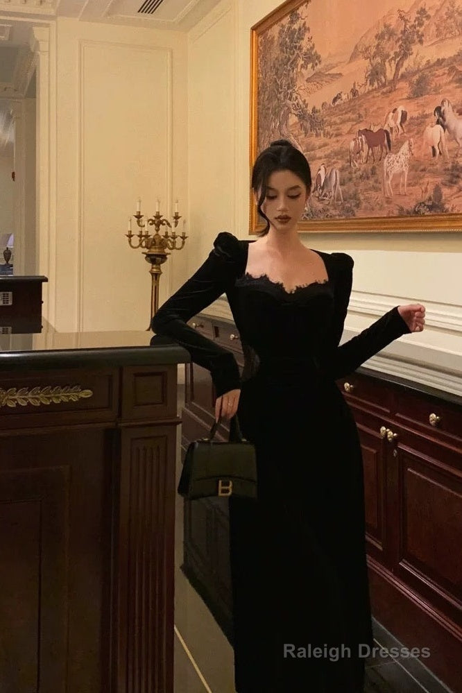 Sexy A Line Square Neckline Long Sleeves Velvet Lace Date Night Dress Prom Dresses Birthday Outfits