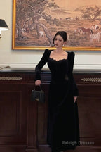 A-Line Square Neckline Long Sleeves Velvet Lace Date Night Dresses Prom Dress Birthday Outfits