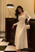 A-Line Square Neckline Long Sleeves White Prom Dresses