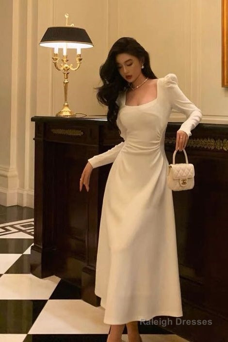 A-Line Square Neckline Long Sleeves White Prom Dresses
