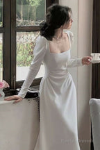 A-Line Square Neckline Long Sleeves White Prom Dresses