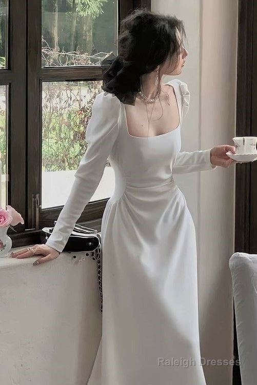 A-Line Square Neckline Long Sleeves White Prom Dresses