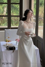 A-Line Square Neckline Long Sleeves White Prom Dresses