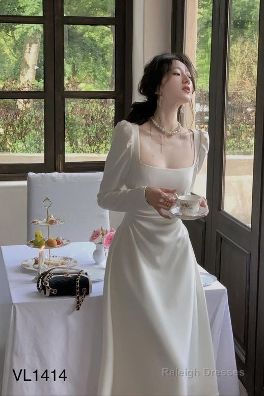 A-Line Square Neckline Long Sleeves White Prom Dresses