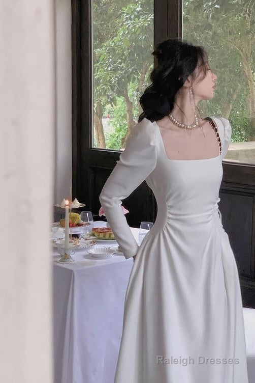 A-Line Square Neckline Long Sleeves White Prom Dresses
