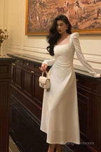 A-Line Square Neckline Long Sleeves White Prom Dresses