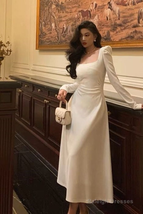 A-Line Square Neckline Long Sleeves White Prom Dresses