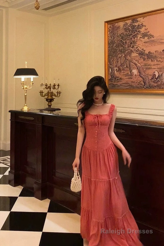 A-Line Square Neckline Pink Prom Dress Long Birthday Outfits