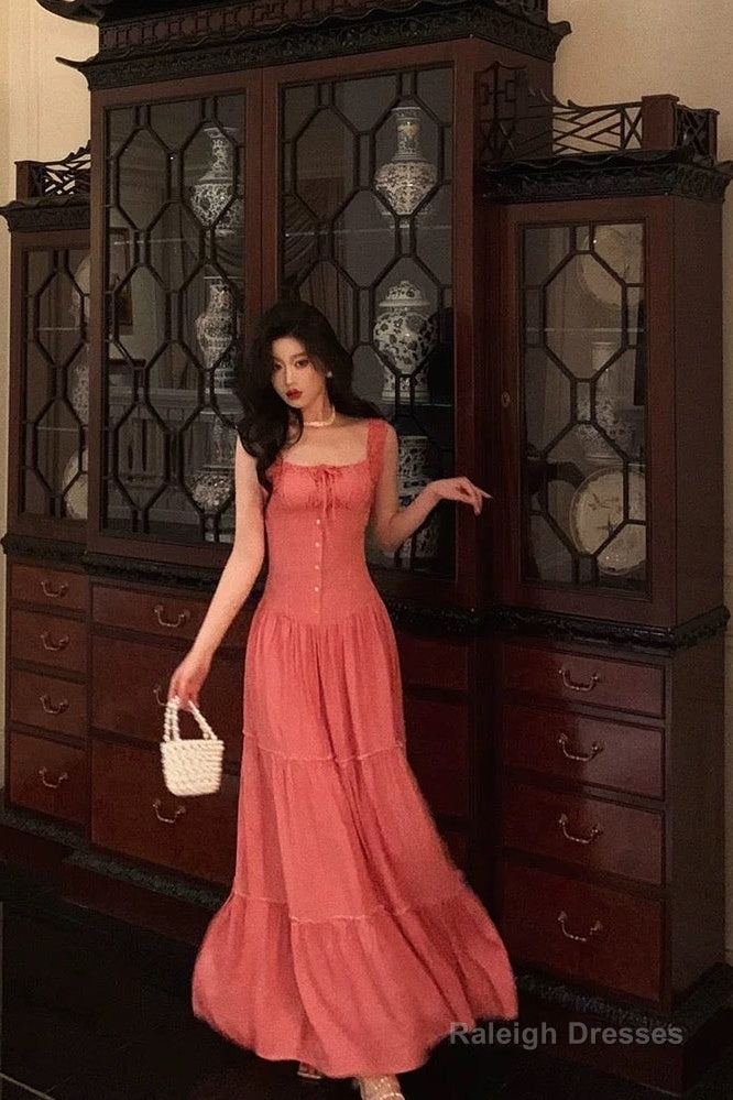 A-Line Square Neckline Pink Prom Dress Long Birthday Outfits