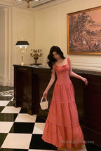 A-Line Square Neckline Pink Prom Dress Long Birthday Outfits