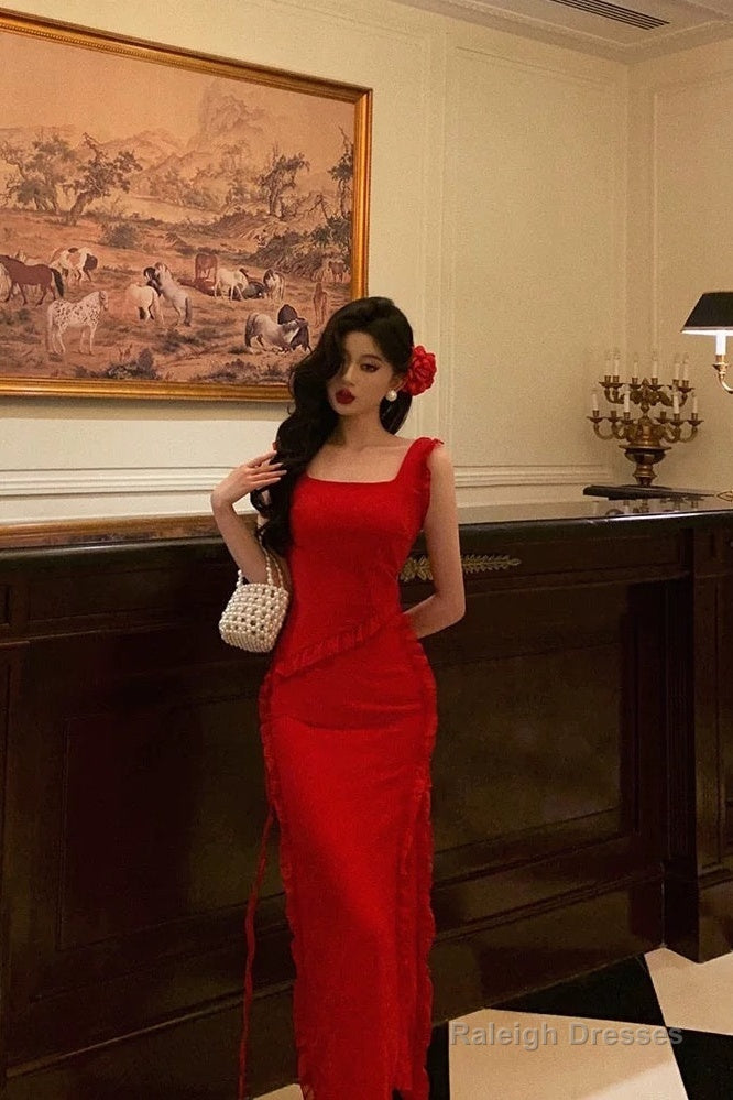 Sexy A Line Square Neckline Red Chiffon Prom Dresses Birthday Outfits Evening Gown Secondary image