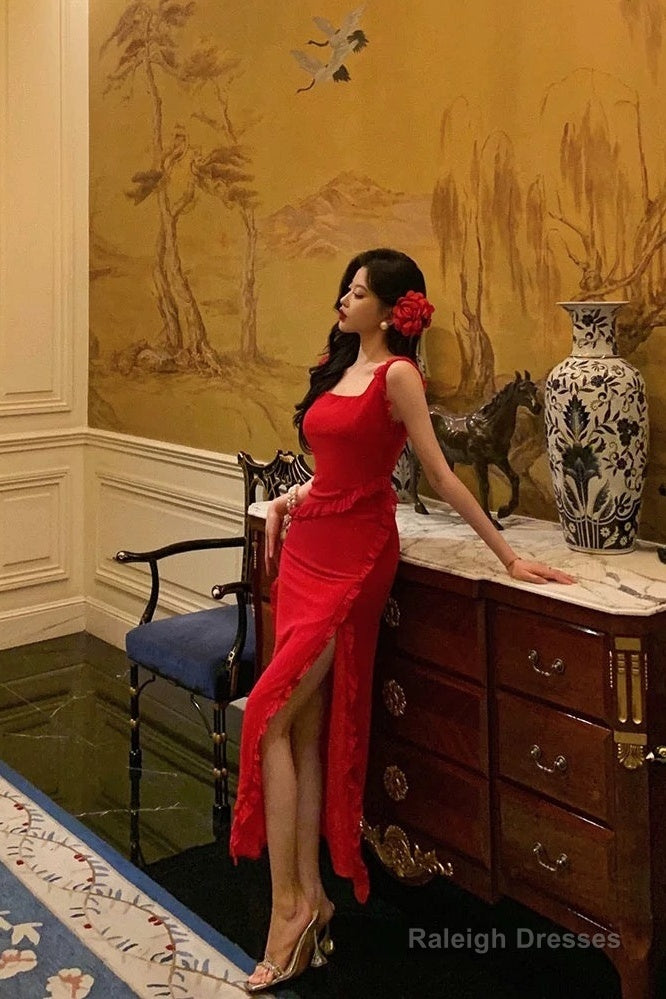 Sexy A Line Square Neckline Red Chiffon Prom Dresses Birthday Outfits Evening Gown