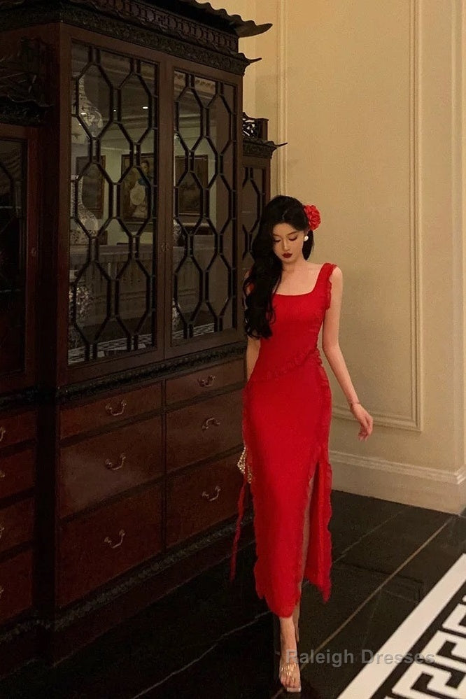 Sexy A Line Square Neckline Red Chiffon Prom Dresses Birthday Outfits Evening Gown