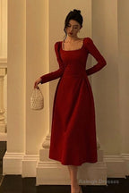 Sexy A Line Square Neckline Red Velvet Prom Dresses Birthday Outfits Evening Gown