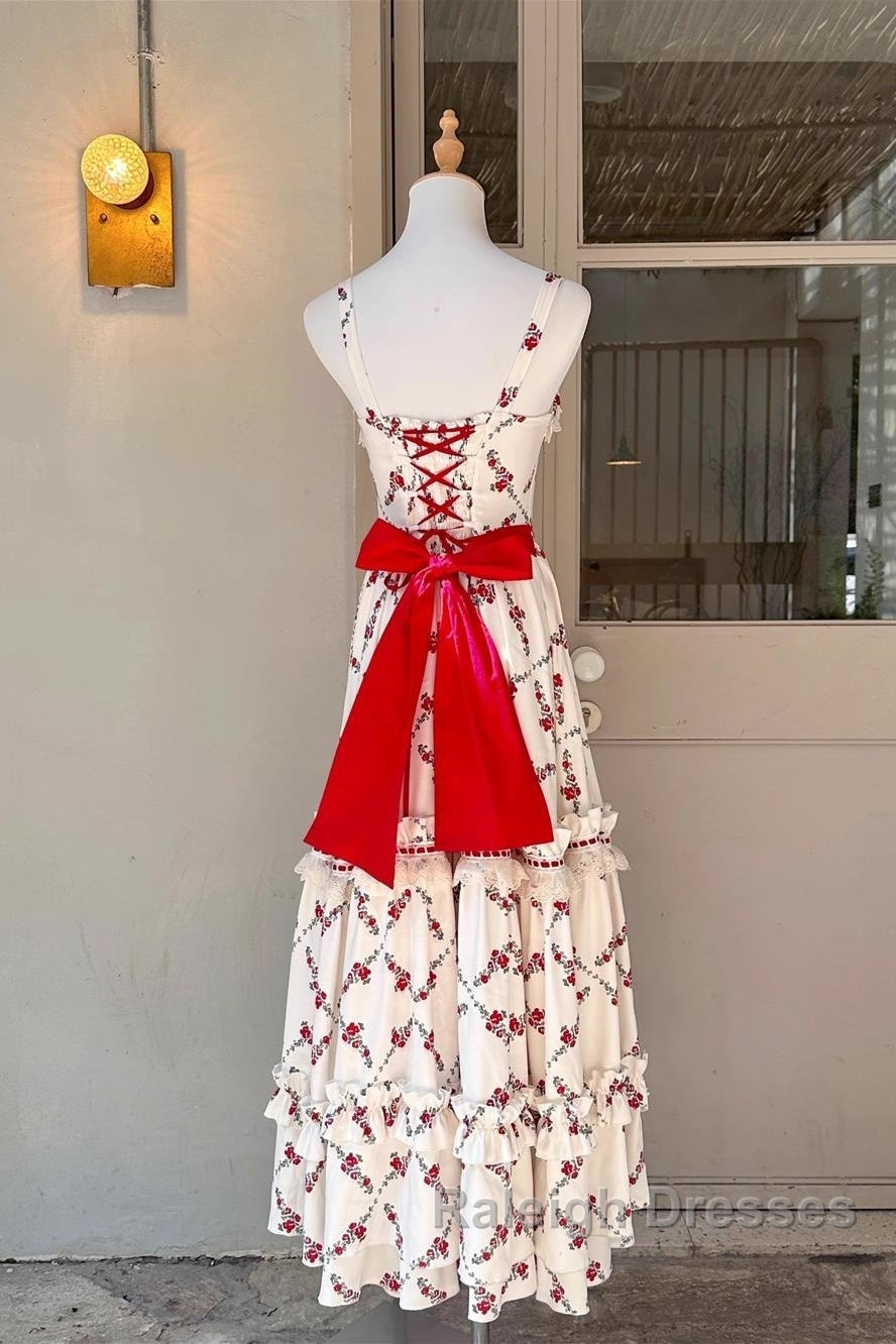 Sexy A Line Square Neckline Sleeveless WomenS Red Floral Holiday Dress Vacation Dresses Birthday Dress Secondary image